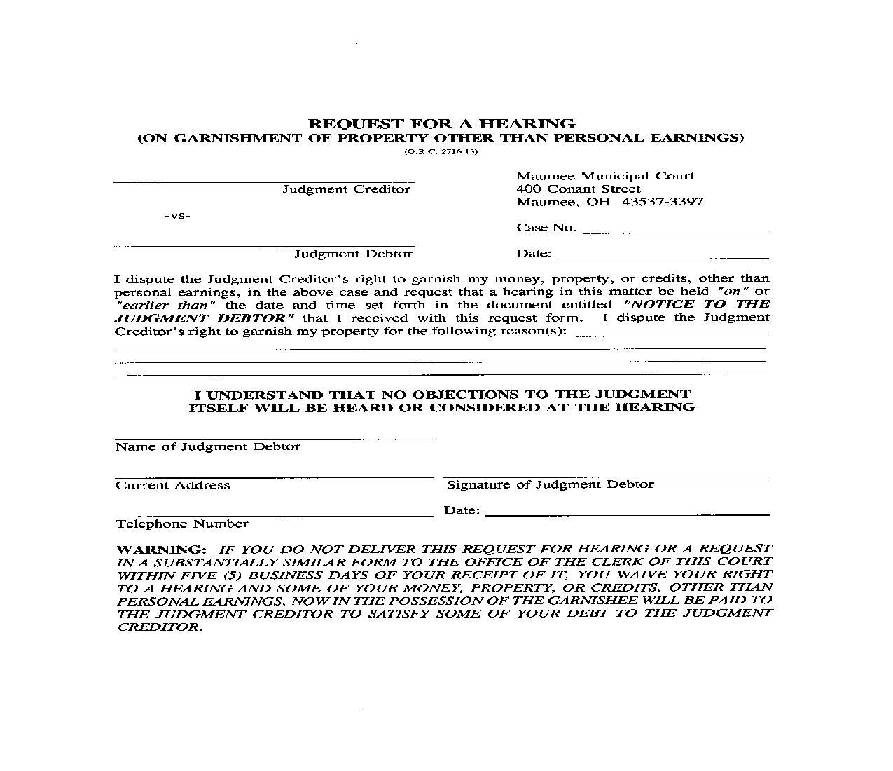 Request For Hearing On Garnishment Of Property Other Than Personal Earnings | Pdf Fpdf Doc Docx | Ohio
