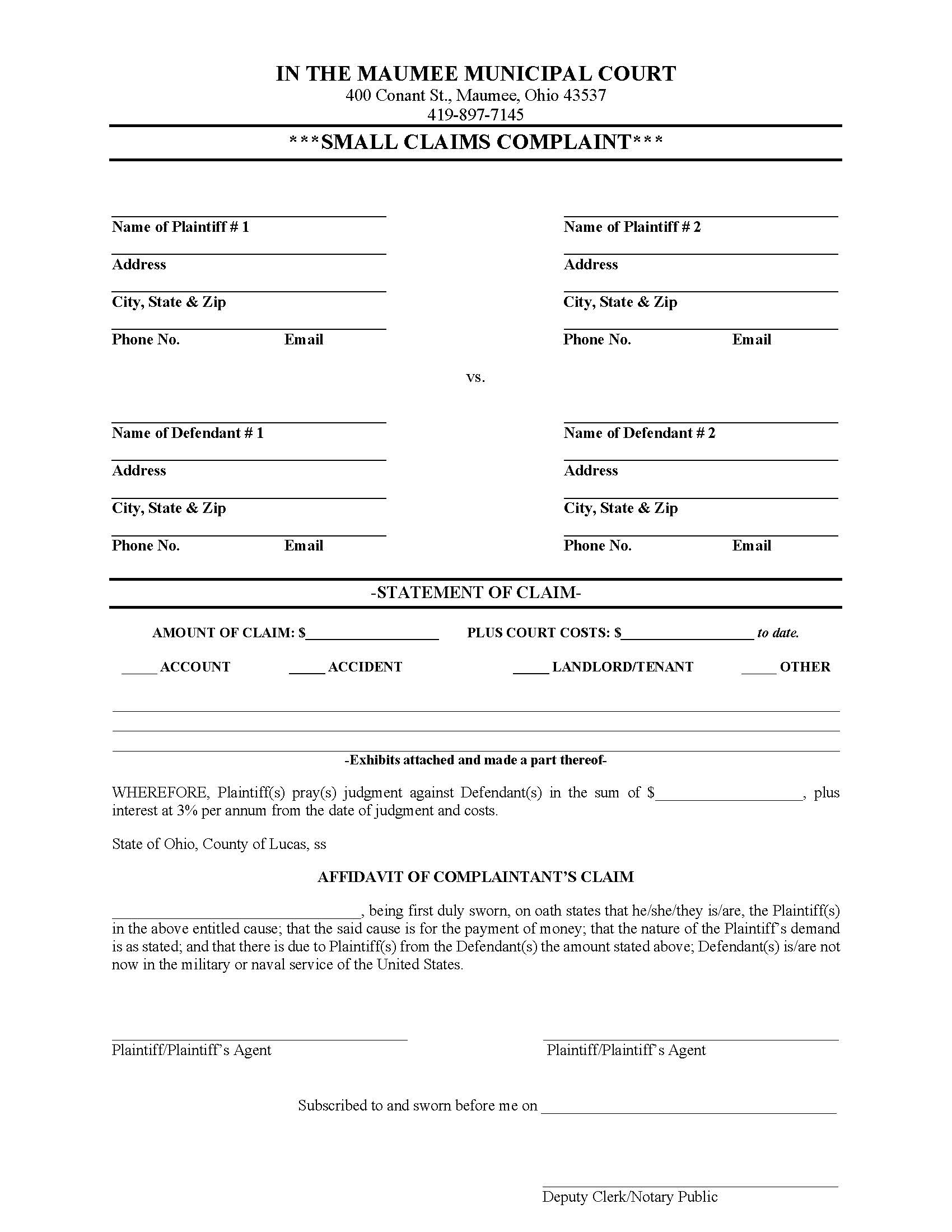 Small Claim Complaint | Pdf Fpdf Doc Docx | Ohio