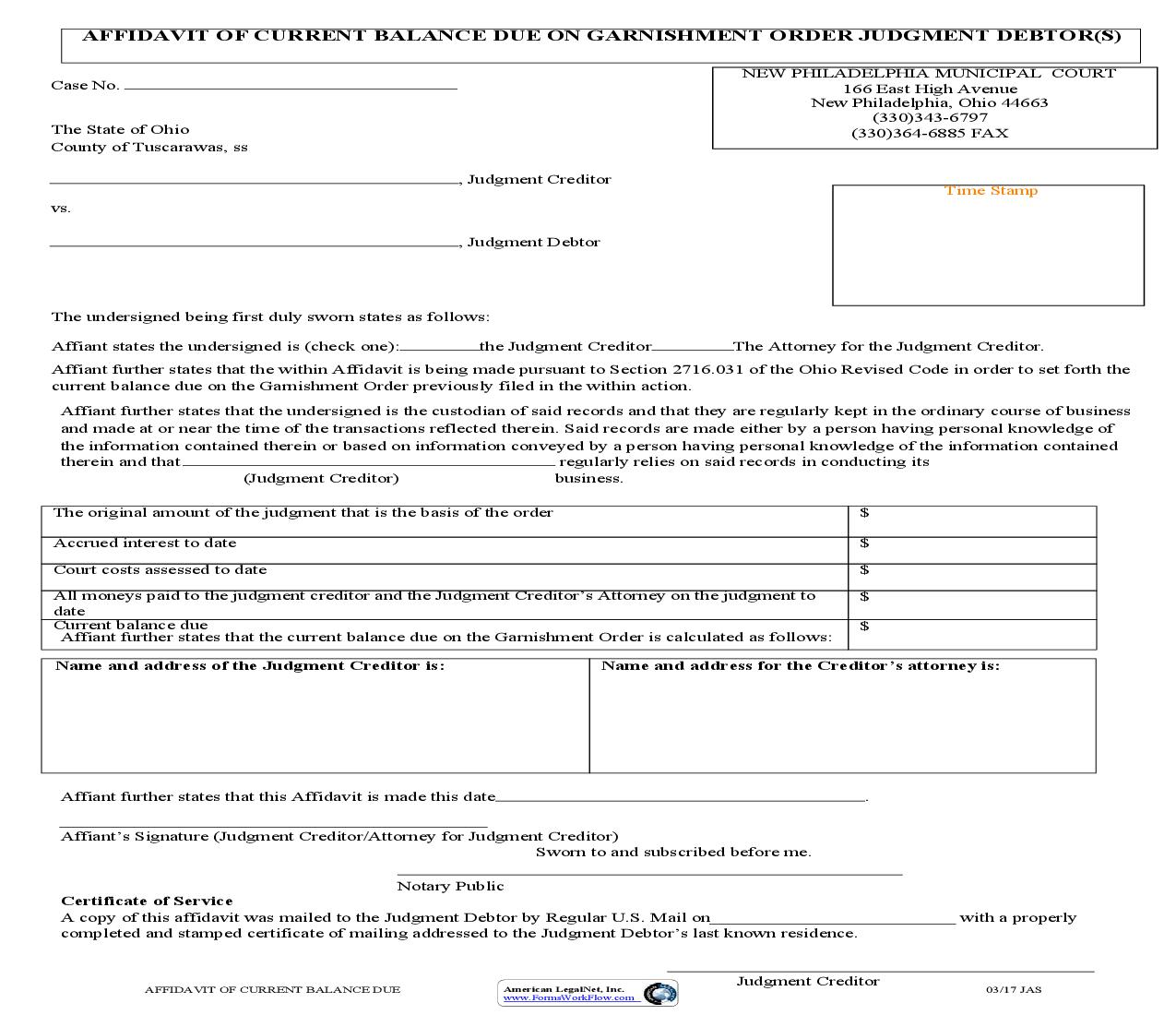 Affidavit Of Current Balance Due On Garnishment Order Judgment Debtor(s) | Pdf Fpdf Doc Docx | Ohio