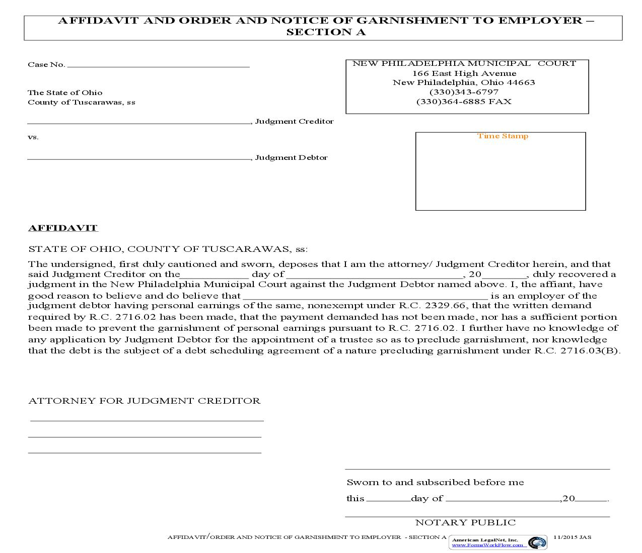 Affidavit Order Notice Of Garnishment To Employer Section A | Pdf Fpdf Doc Docx | Ohio