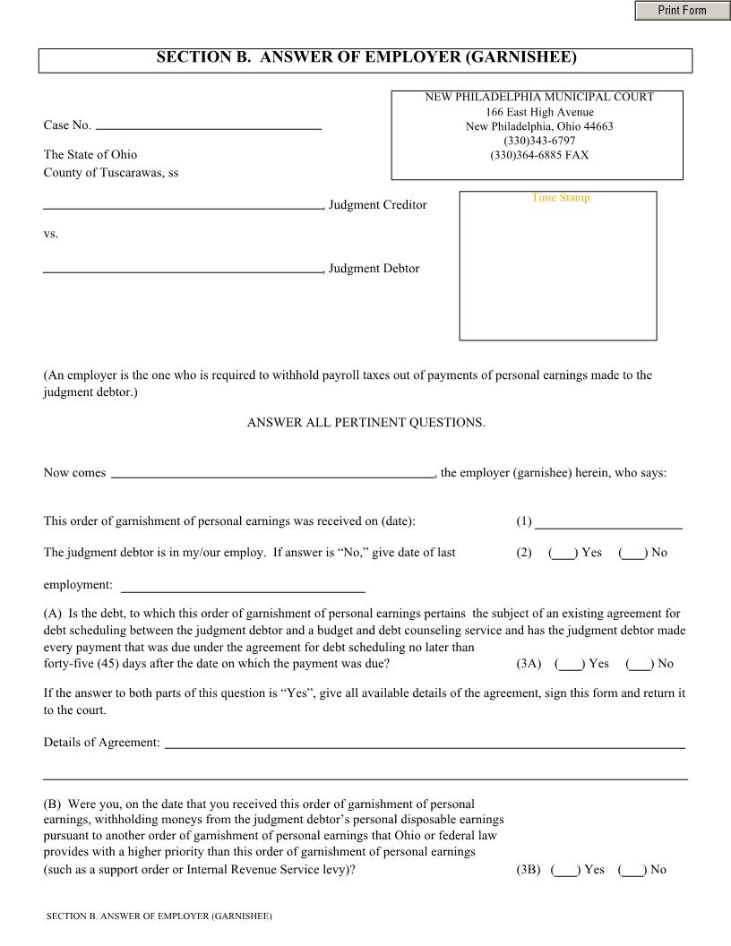 Answer Of Employer (Garnishee) Section B | Pdf Fpdf Doc Docx | Ohio