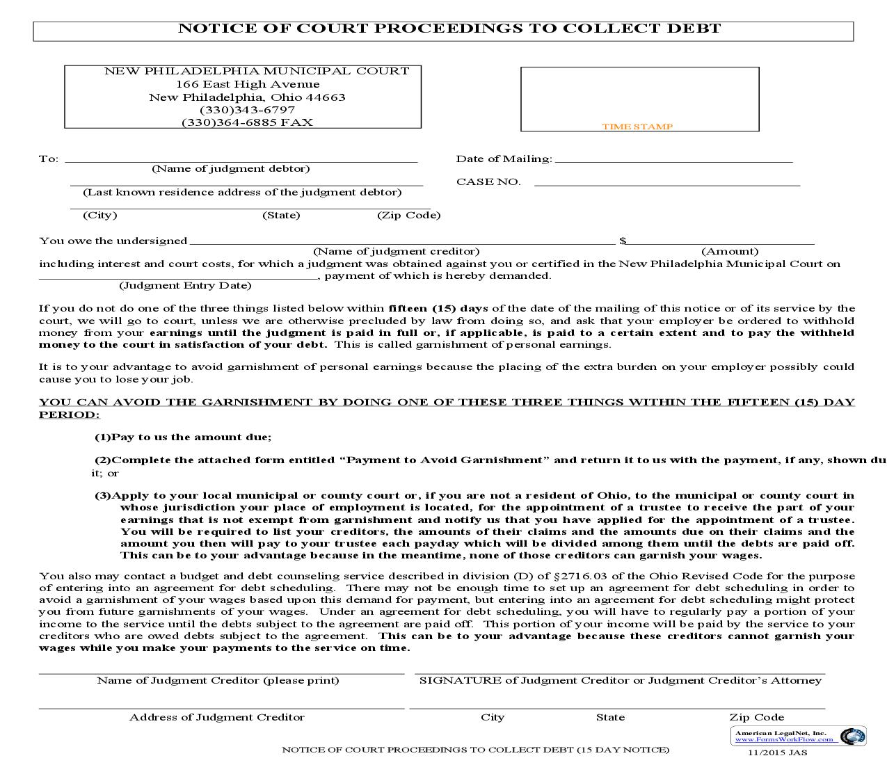 Notice Of Court Proceedings To Collect Debt | Pdf Fpdf Doc Docx | Ohio