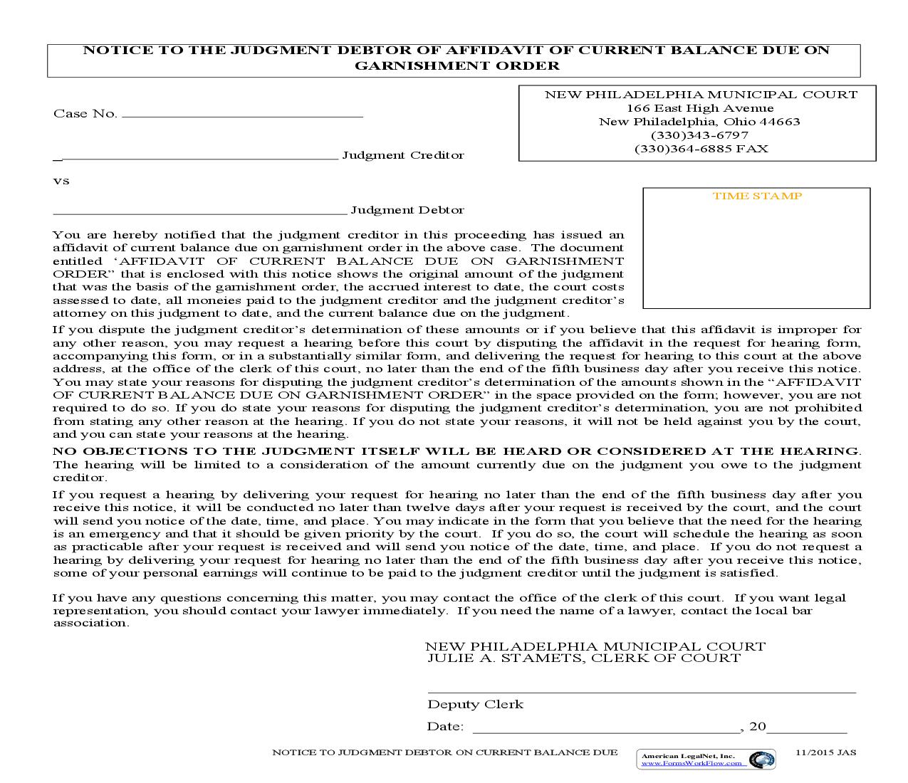 Notice To The Judgment Debtor Of Affidavit Of Current Balance Due | Pdf Fpdf Doc Docx | Ohio
