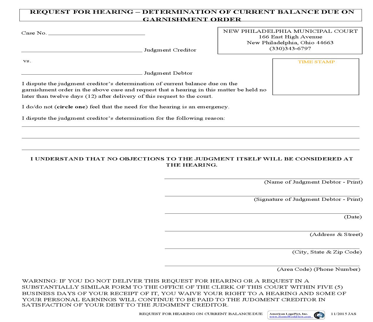 Request For Hearing Determination Of Current Balance Due On Garnishment Order | Pdf Fpdf Doc Docx | Ohio
