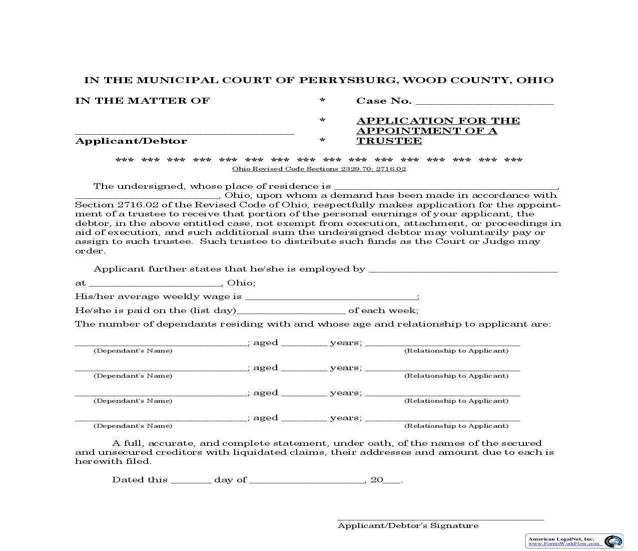 Application For The Appointment Of A Trustee | Pdf Fpdf Doc Docx | Ohio