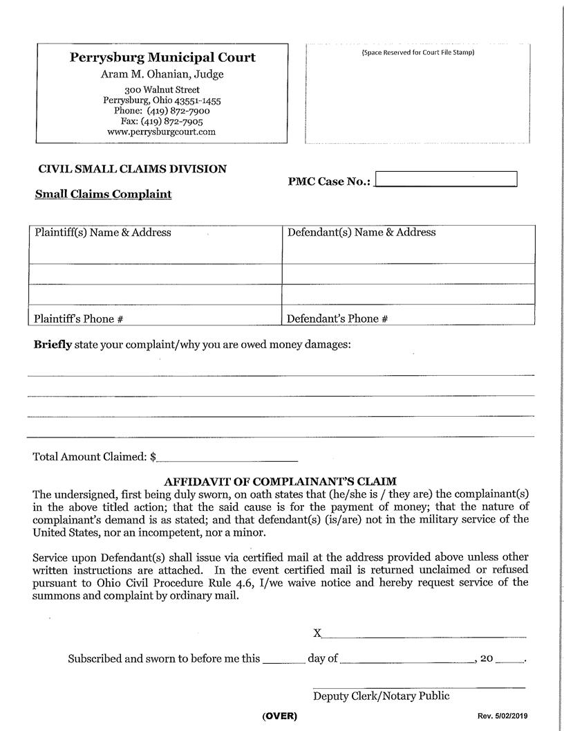 Complaint For Small Claims | Pdf Fpdf Doc Docx | Ohio