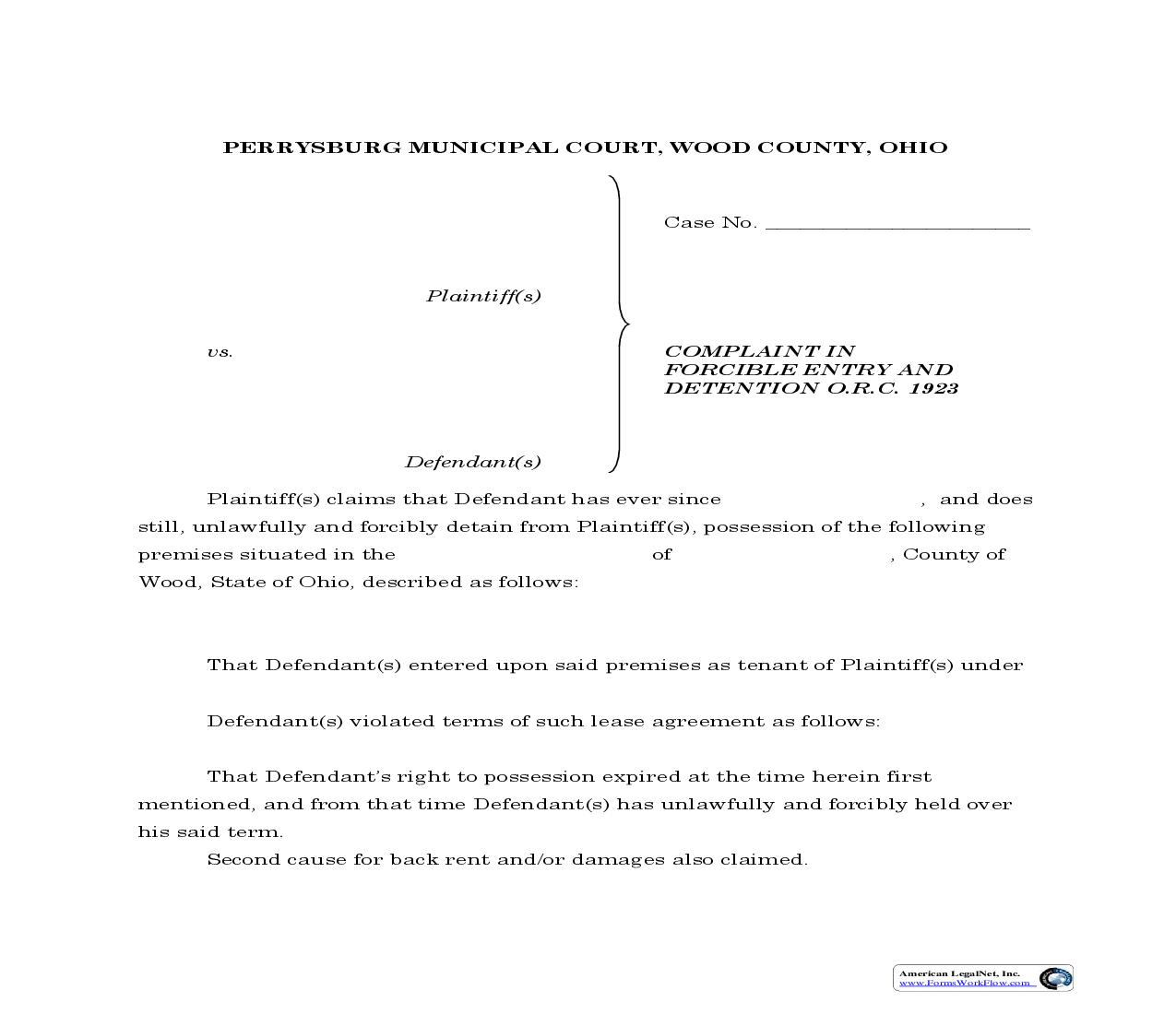 Complaint In Forcible Entry And Detention | Pdf Fpdf Doc Docx | Ohio