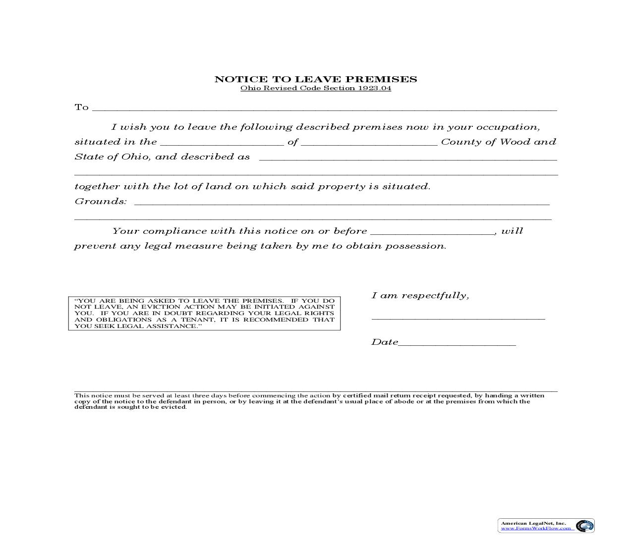 Notice to Leave Premises | Pdf Fpdf Doc Docx | Ohio