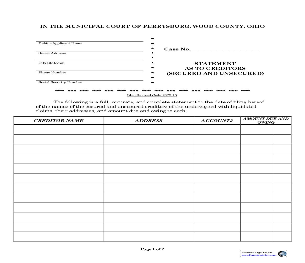 Statement As To Creditors | Pdf Fpdf Doc Docx | Ohio