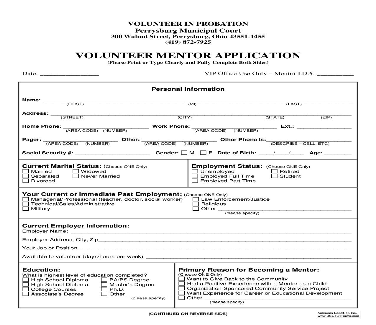 Volunteer Mentor Application | Pdf Fpdf Doc Docx | Ohio