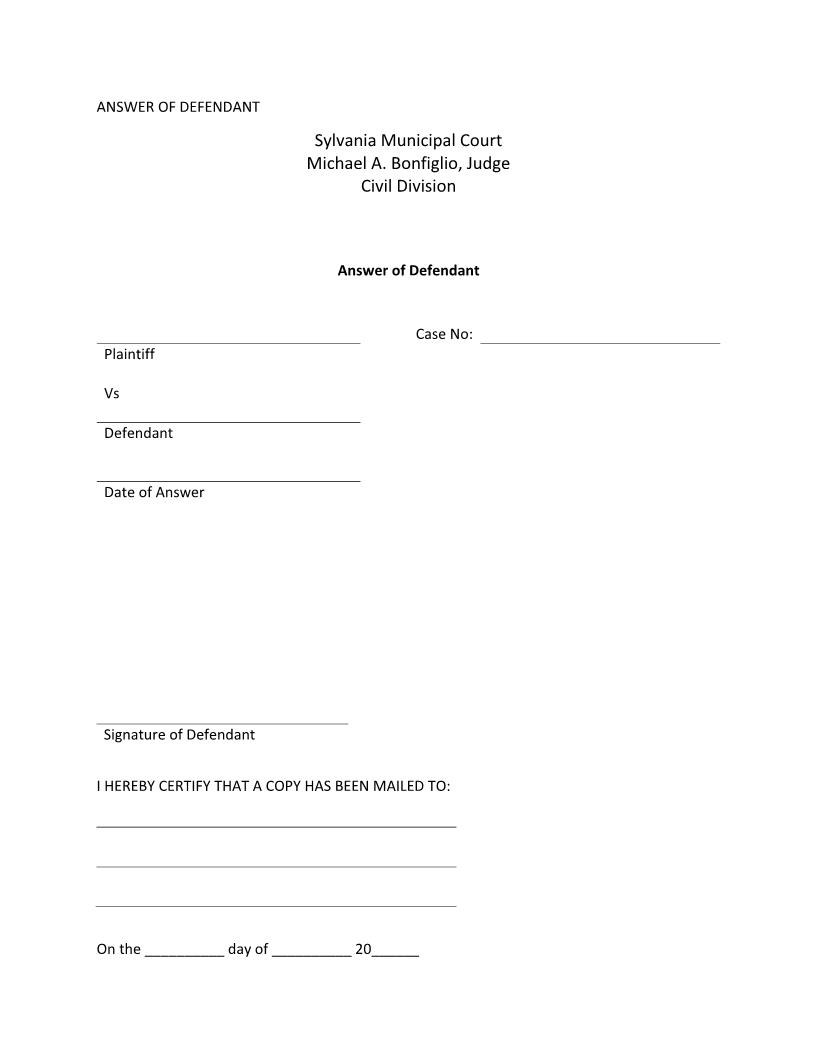 Answer Of Defendant | Pdf Fpdf Doc Docx | Ohio