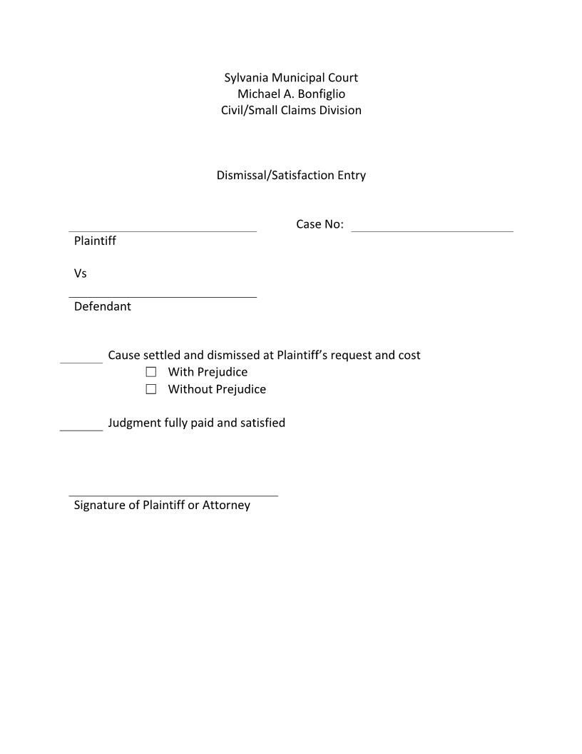 Dismissal Satisfaction Entry | Pdf Fpdf Doc Docx | Ohio