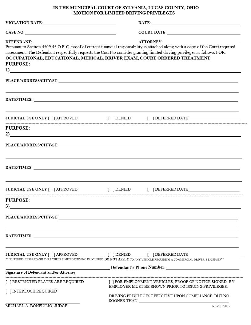 Motion For Limited Driving Privileges | Pdf Fpdf Doc Docx | Ohio