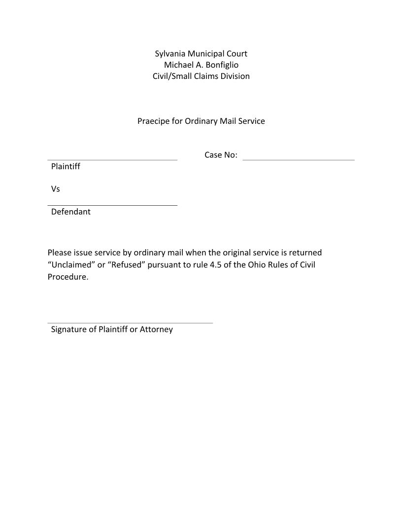 Precipe For Ordinary Mail Service | Pdf Fpdf Doc Docx | Ohio