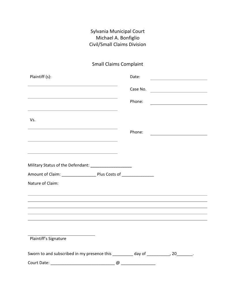 Small Claims Complaint | Pdf Fpdf Doc Docx | Ohio