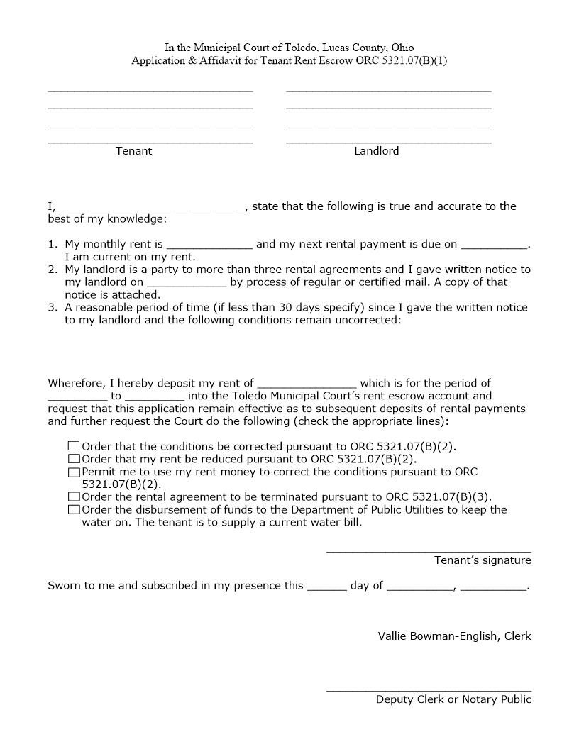 Application And Affidavit For Tenant Rent Escrow | Pdf Fpdf Doc Docx | Ohio