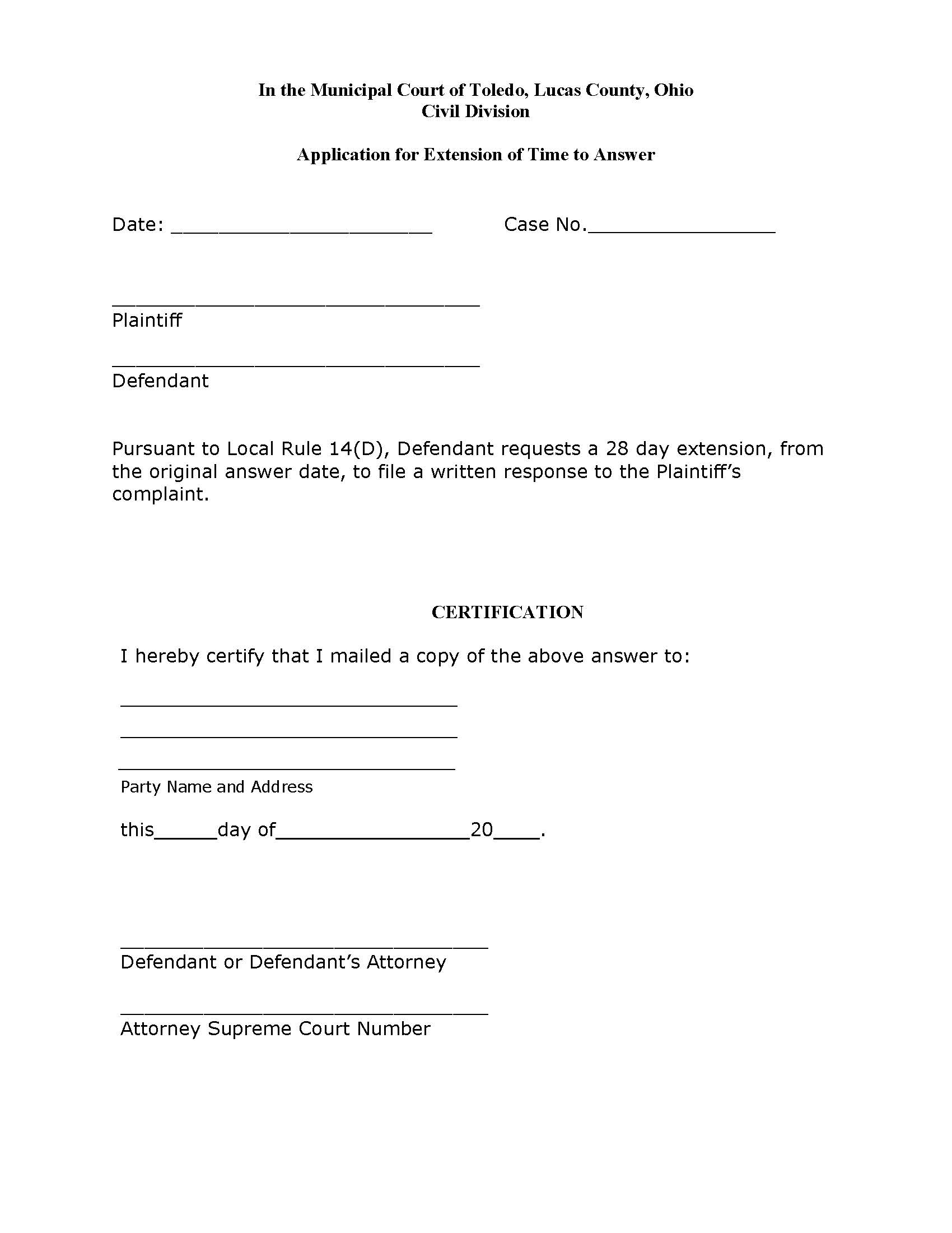 Application For Extension Of TIme To Answer | Pdf Fpdf Doc Docx | Ohio