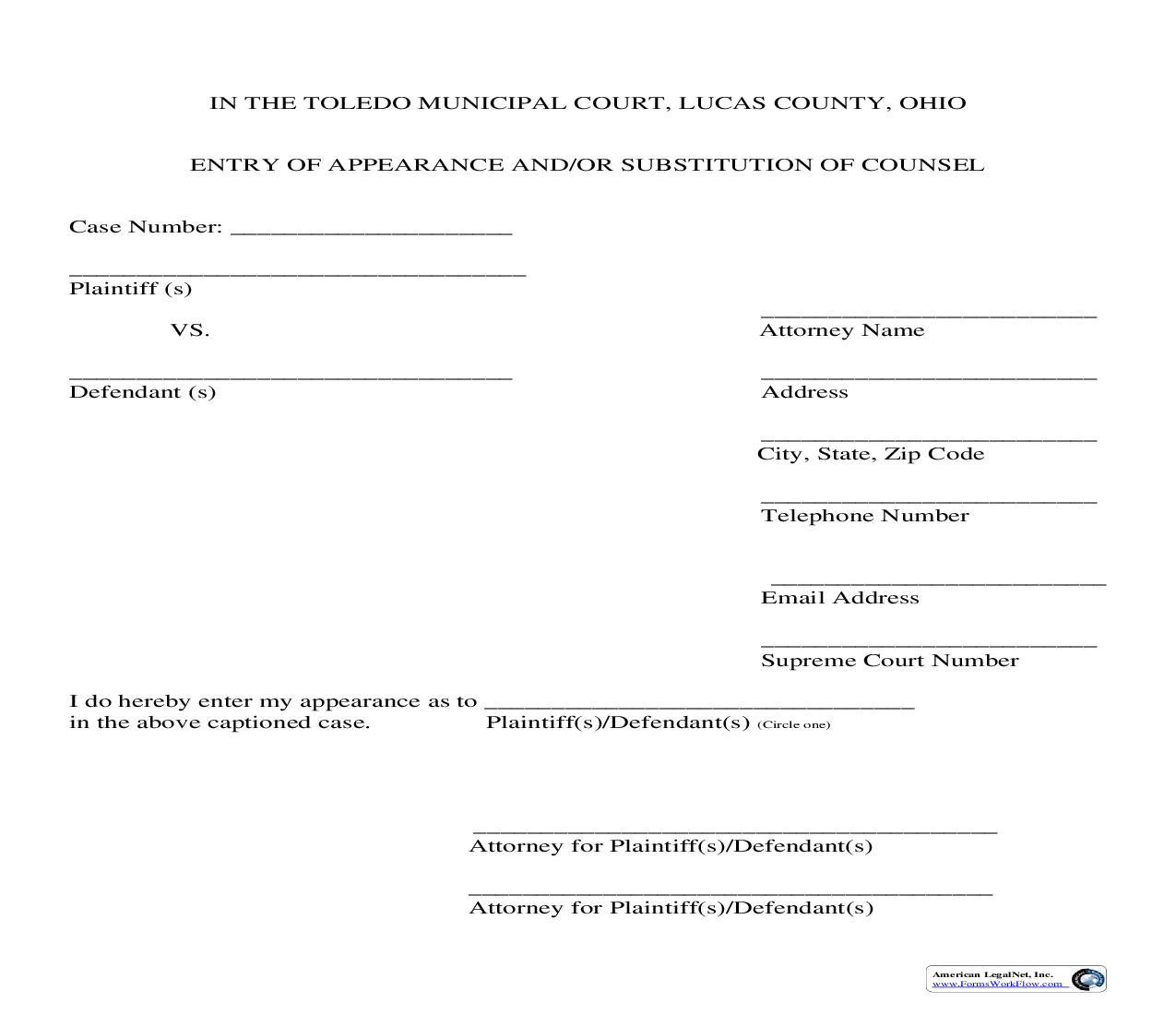 Entry Of Appearance-Substitution Of Counsel | Pdf Fpdf Doc Docx | Ohio