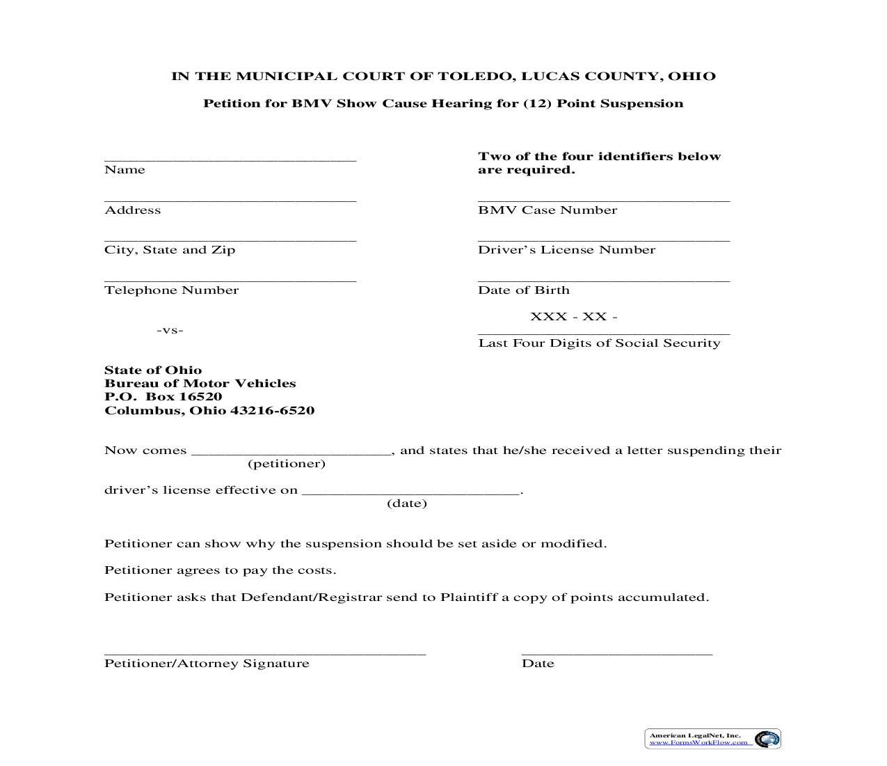 Petition For BMV Show Cause Hearing | Pdf Fpdf Doc Docx | Ohio