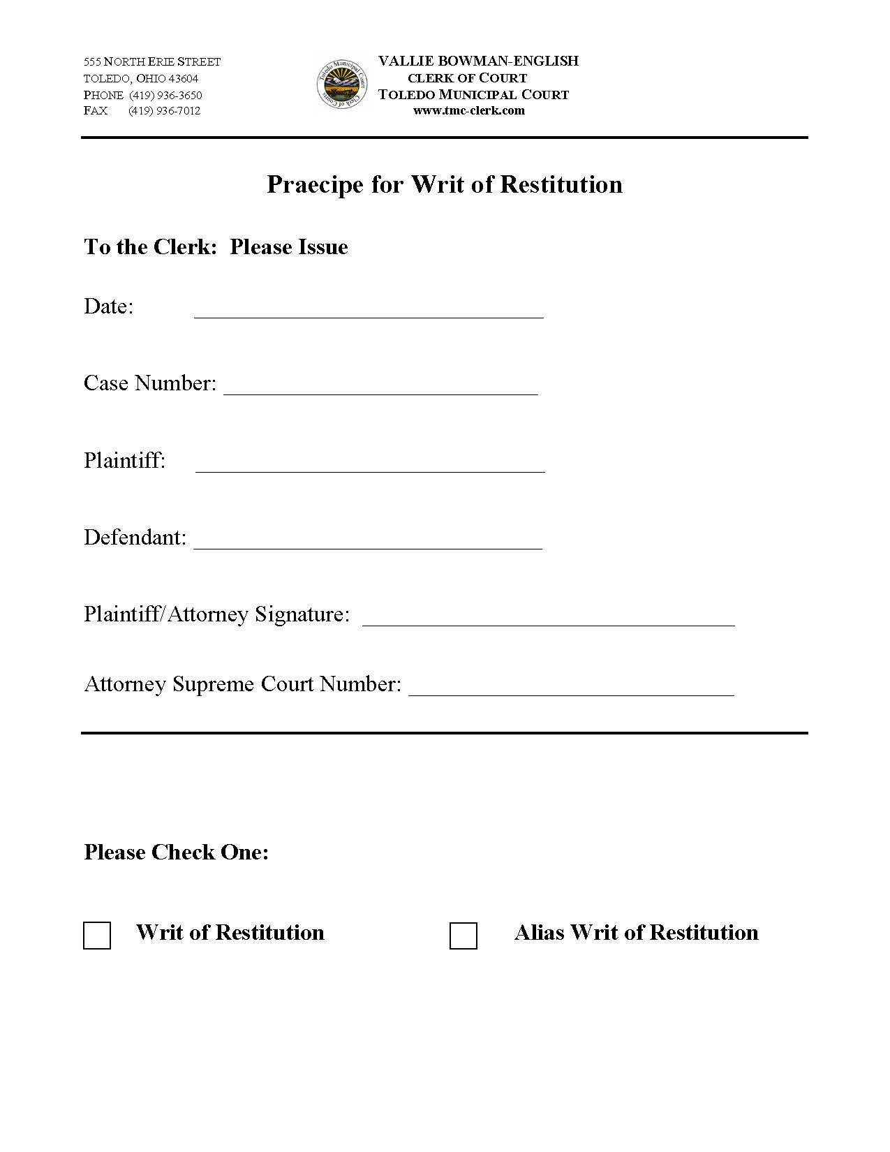 Praecipe For Writ Of Restitution | Pdf Fpdf Doc Docx | Ohio
