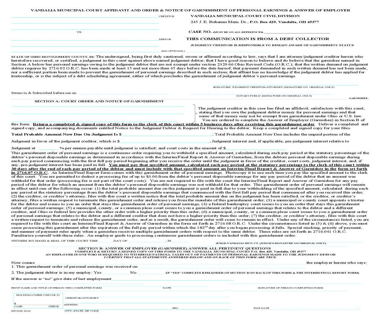 Affidavit And Order And Notice Of Garnishment Of Personal Earnings And Answer Of Employer | Pdf Fpdf Doc Docx | Ohio