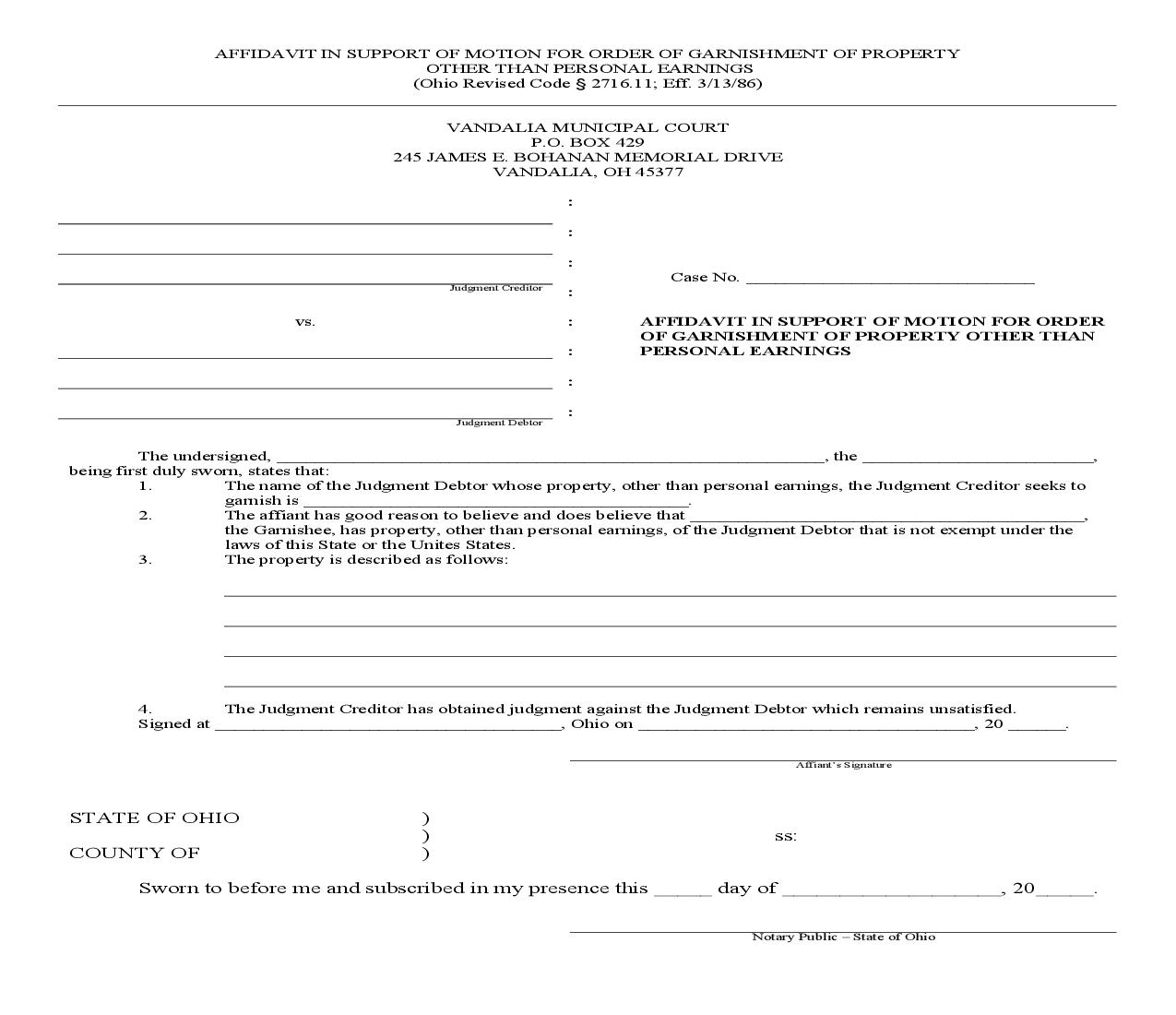 Affidavit In Support Of Motion For Order Of Garnishment Of Property Other Than Personal Earnings | Pdf Fpdf Doc Docx | Ohio