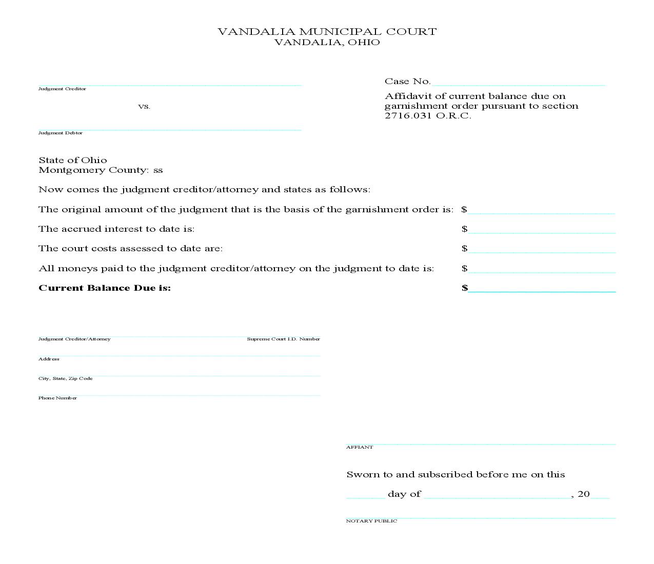 Affidavit Of Current Balance Due On Garnishment Order | Pdf Fpdf Doc Docx | Ohio