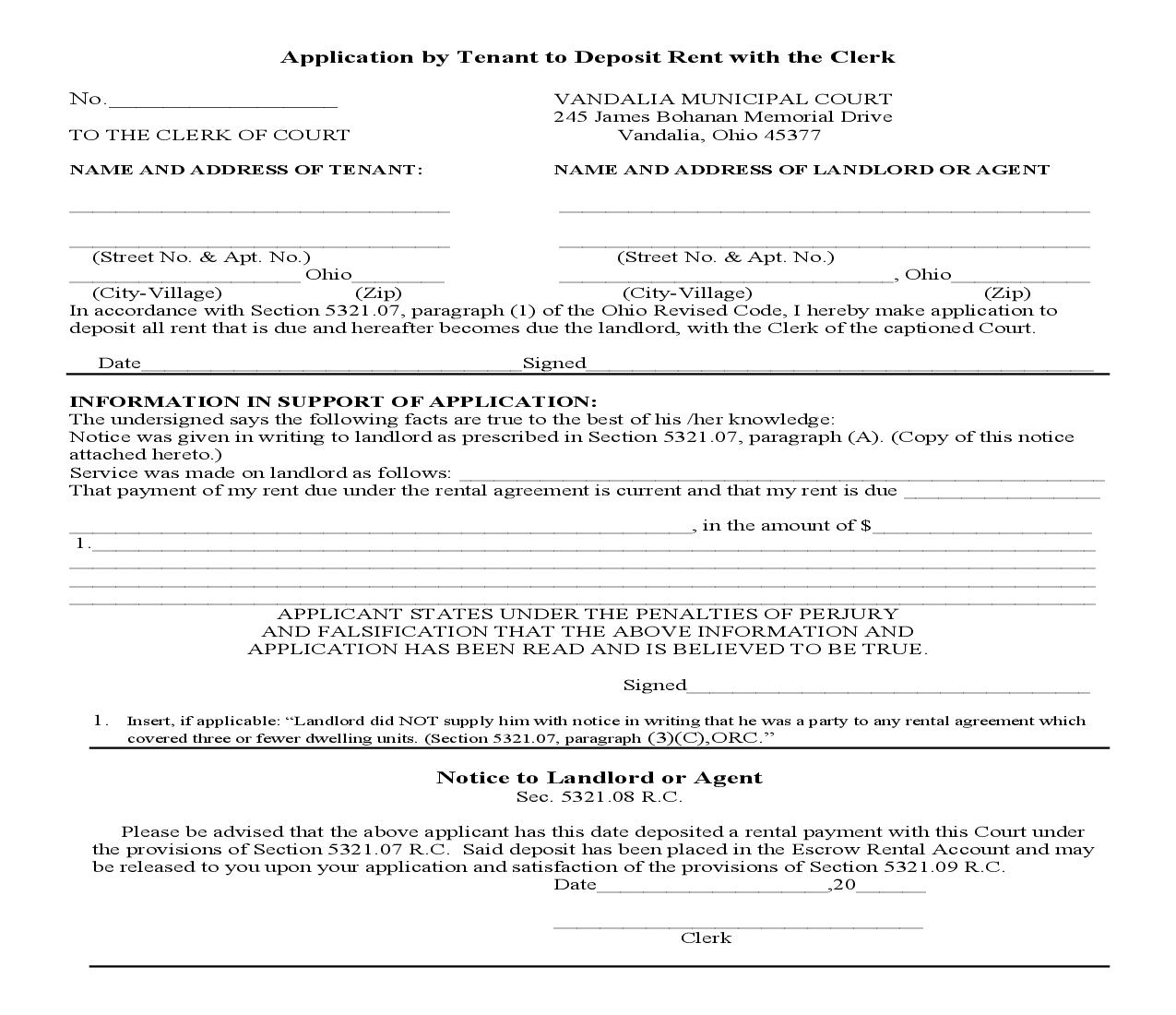 Application By Tenant To Deposit Rent With The Clerk | Pdf Fpdf Doc Docx | Ohio
