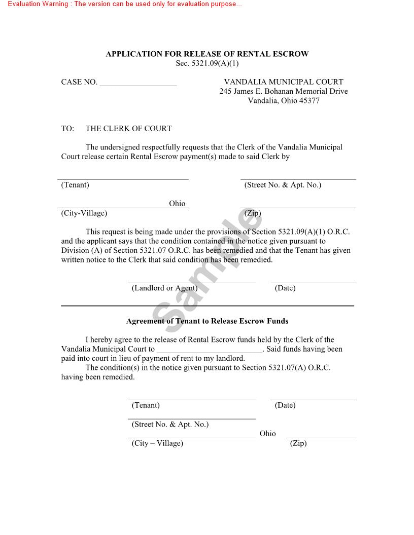 Application For Release Of Rental Escrow | Pdf Fpdf Doc Docx | Ohio