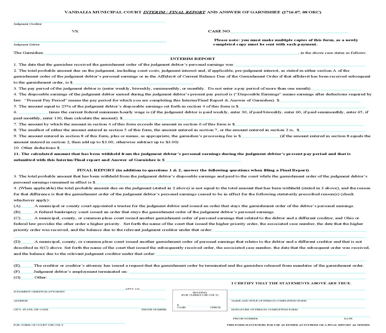 Interim Final Report And Answer Of Garnishee | Pdf Fpdf Doc Docx | Ohio