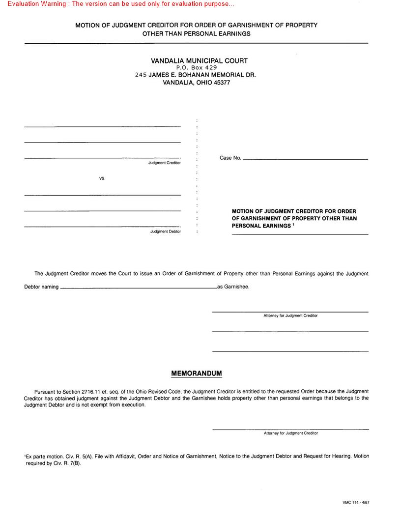 Motion Of Judgment Creditor For Order Of Garnishment Of Property Other Than Personal Earnings | Pdf Fpdf Doc Docx | Ohio