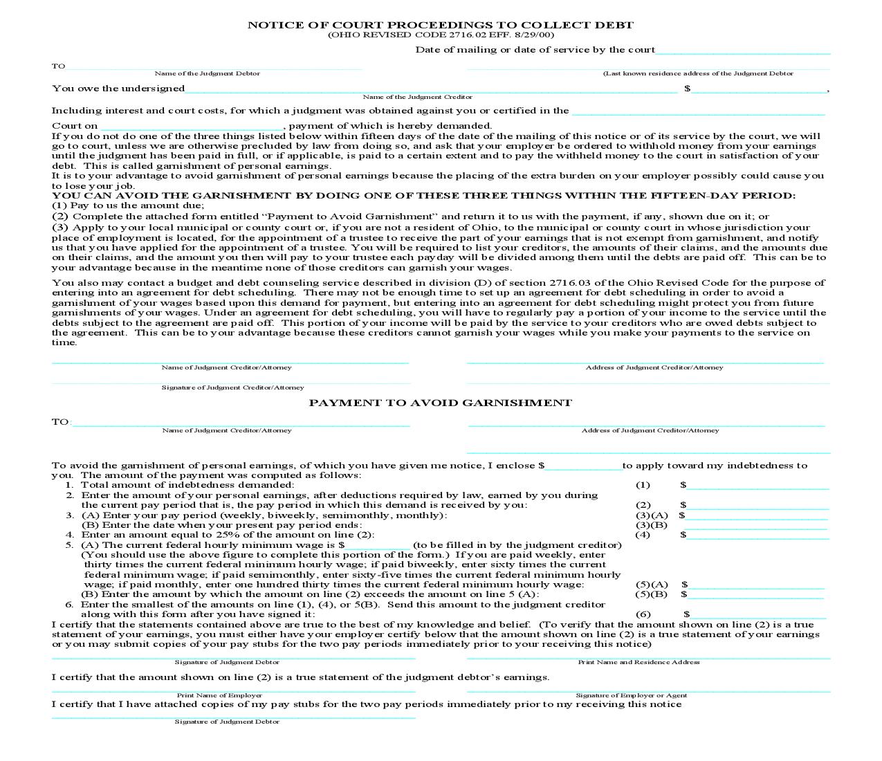 Notice Of Court Proceedings To Collect Debt | Pdf Fpdf Doc Docx | Ohio