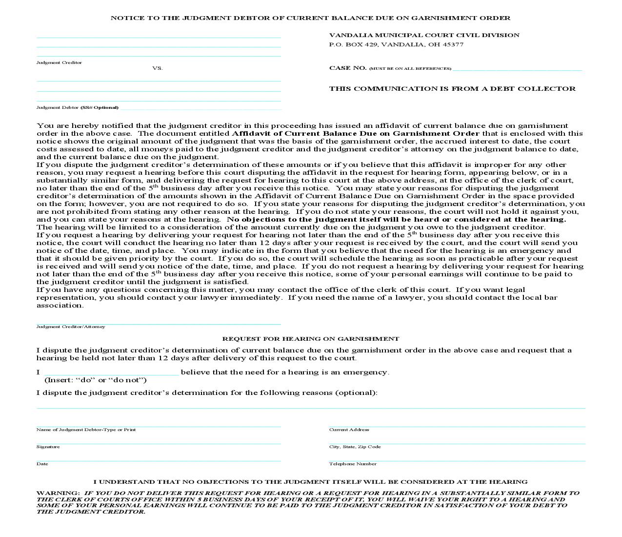 Notice To The Judgment Debtor Of Current Balance Due On Garnishment Order | Pdf Fpdf Doc Docx | Ohio