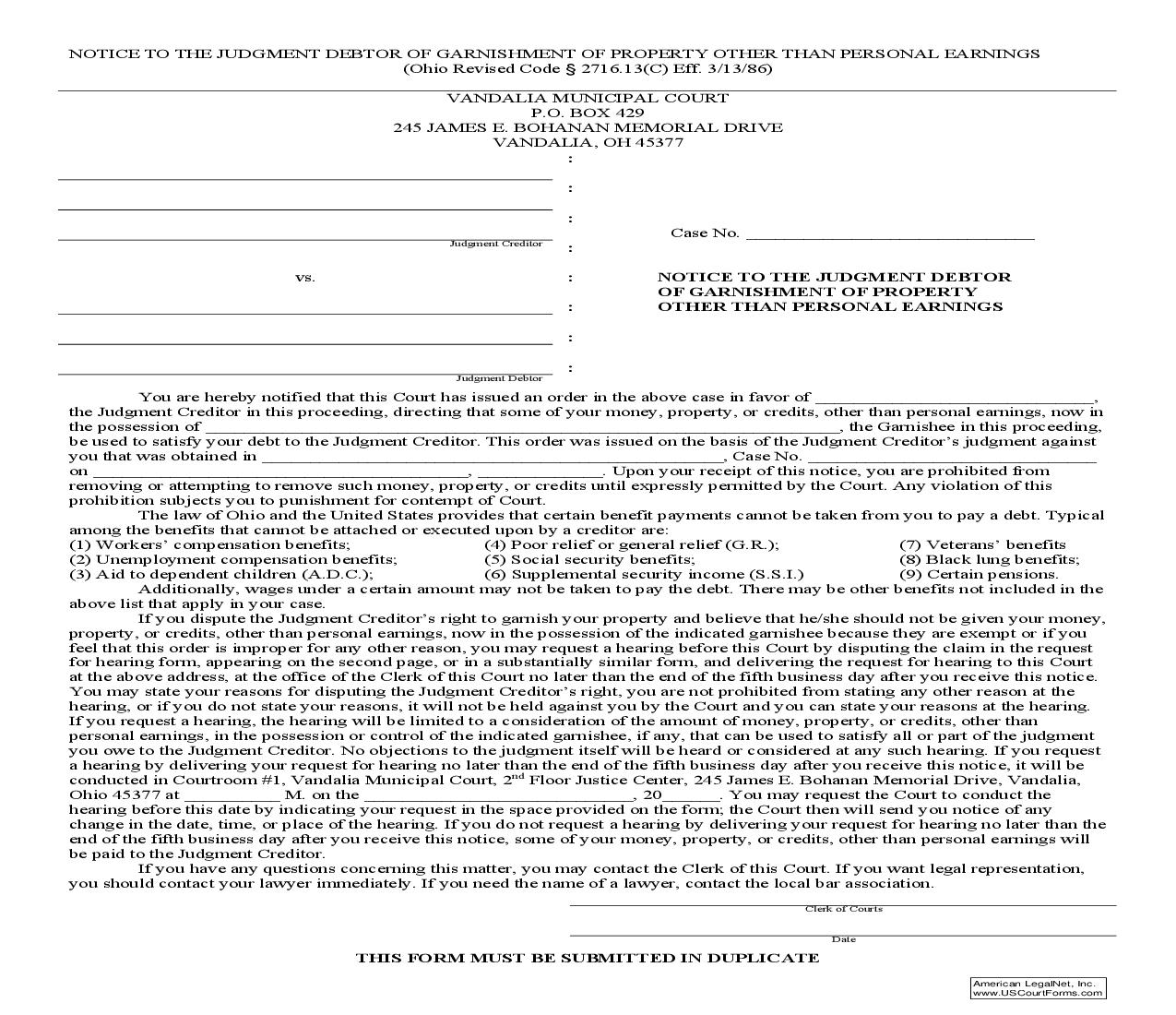 Notice To The Judgment Debtor Of Garnishment Of Property Other Than Personal Earnings | Pdf Fpdf Doc Docx | Ohio