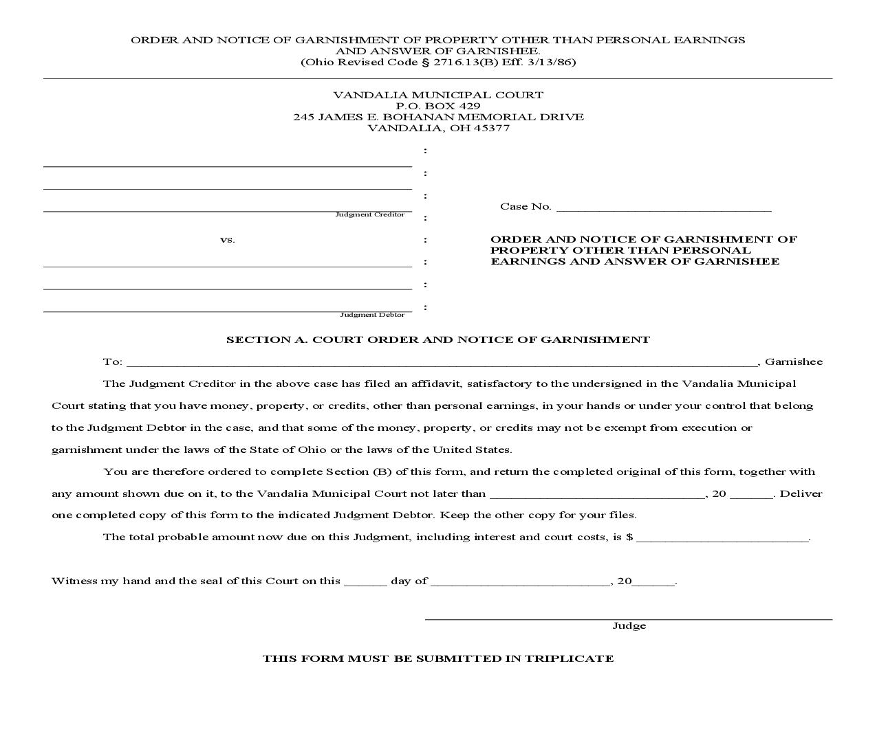 Order And Notice Of Garnishment Of Property Other Than Personal Earnings And Answer Of Garnishee | Pdf Fpdf Doc Docx | Ohio