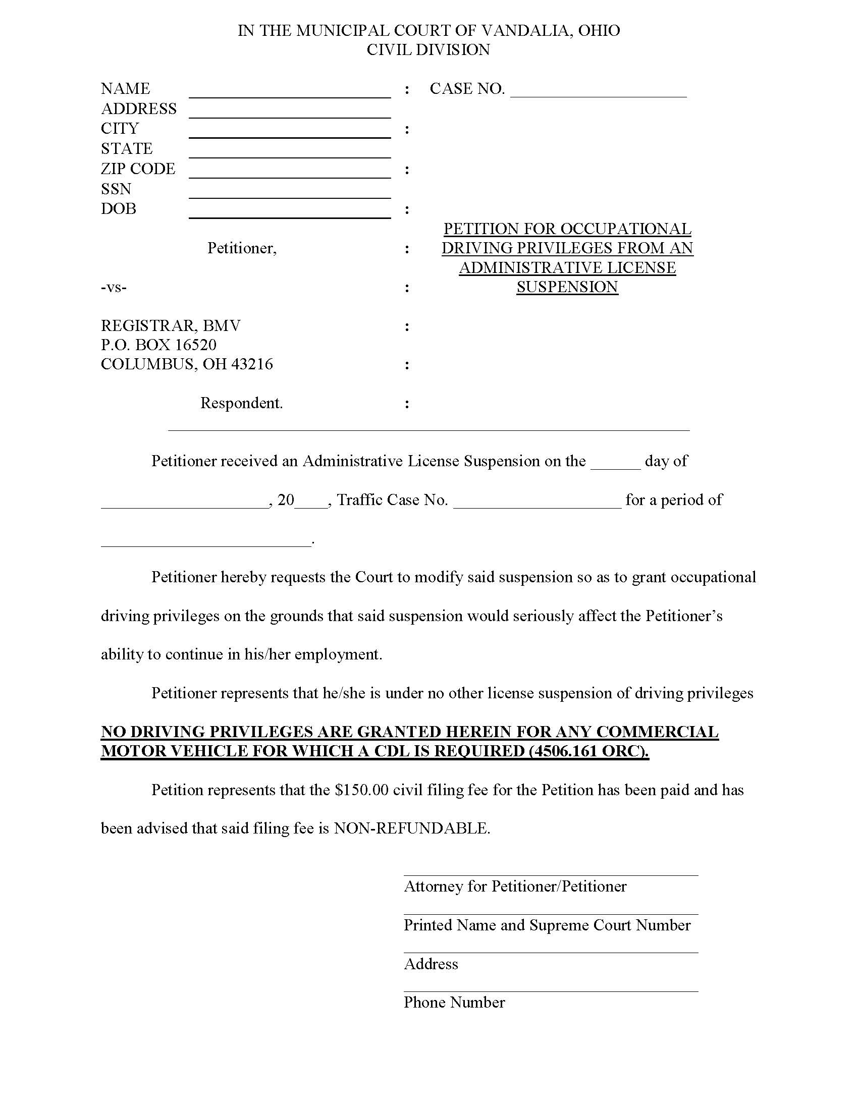 Petition For Occupational Driving Privileges From An Administrative License Suspension | Pdf Fpdf Doc Docx | Ohio