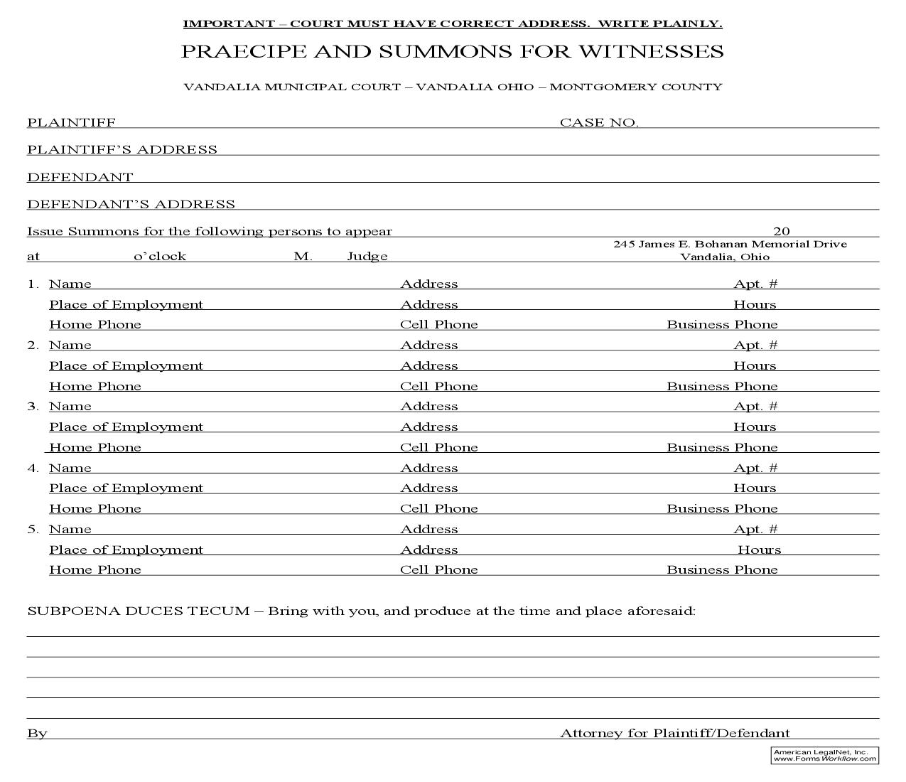 Praecipe And Summons For Witnesses | Pdf Fpdf Doc Docx | Ohio