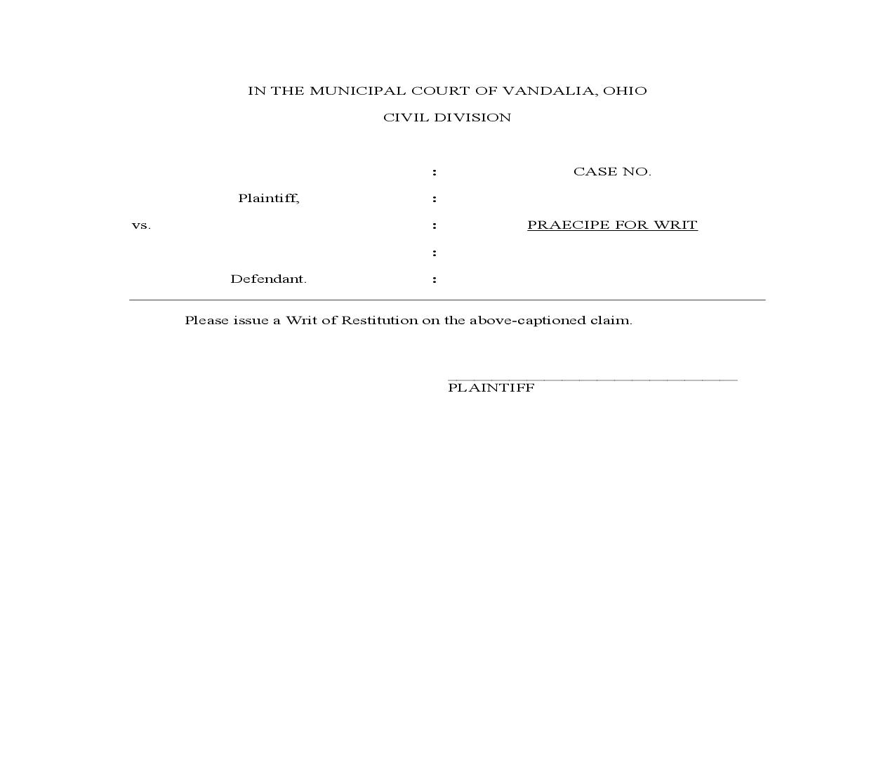 Praecipe For Writ | Pdf Fpdf Doc Docx | Ohio