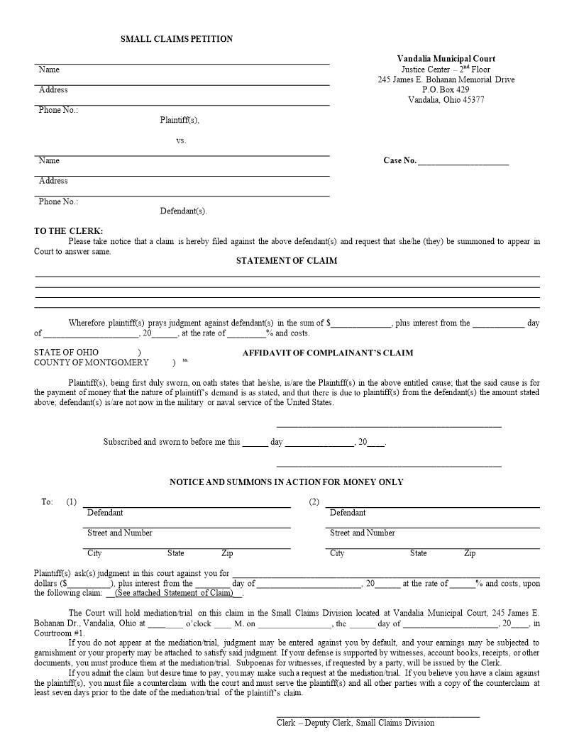 Small Claims Petition | Pdf Fpdf Doc Docx | Ohio
