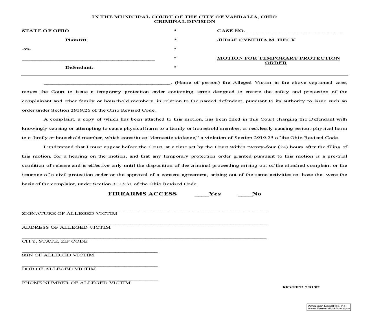Motion For Temporary Protection Order | Pdf Fpdf Doc Docx | Ohio