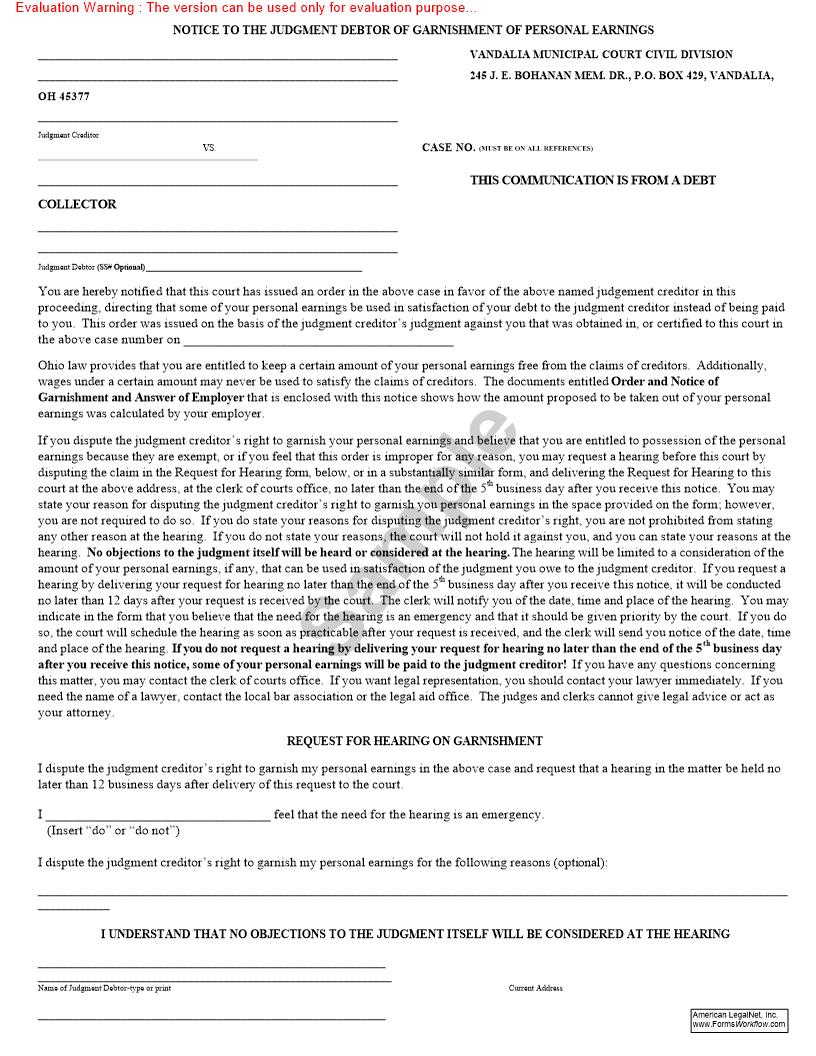 Notice To The Judgment Debtor Of Garnishment Of Personal Earnings | Pdf Fpdf Doc Docx | Ohio