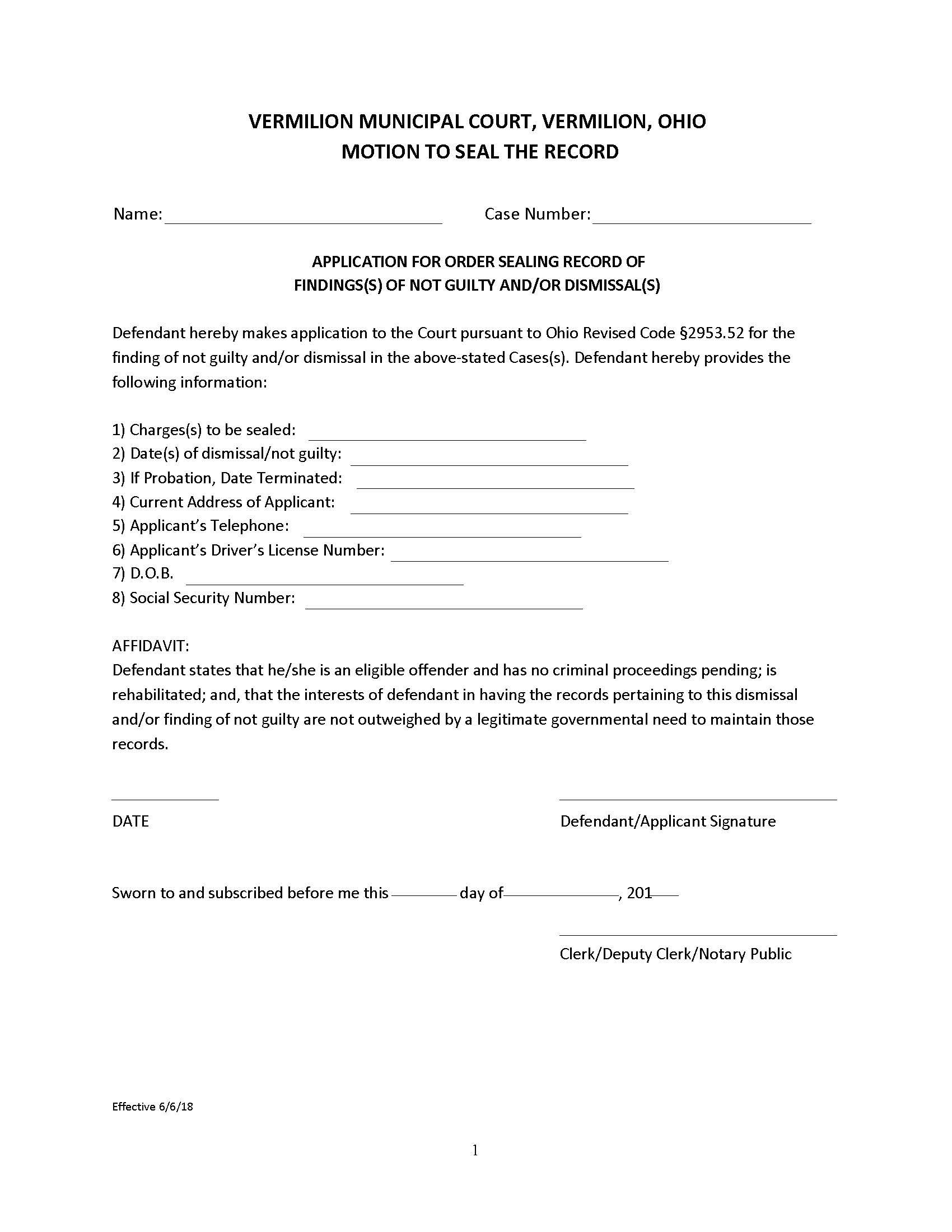 Application For Order Sealing Record | Pdf Fpdf Docx | Ohio