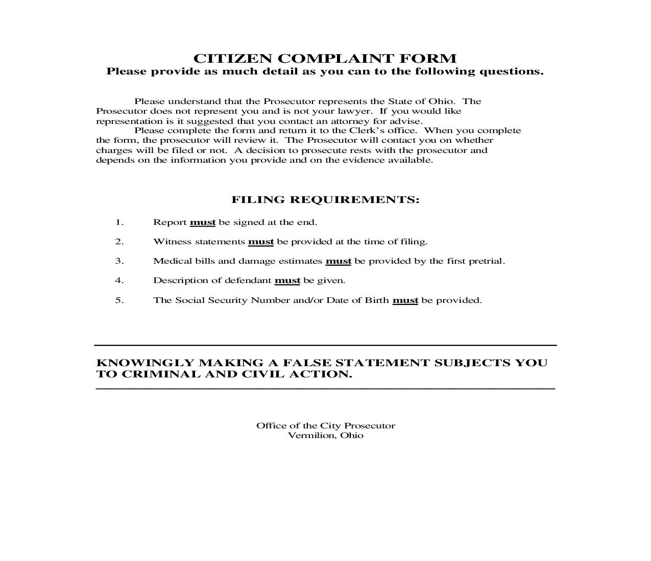 Citizen Complaint Form | Pdf Fpdf Doc Docx | Ohio