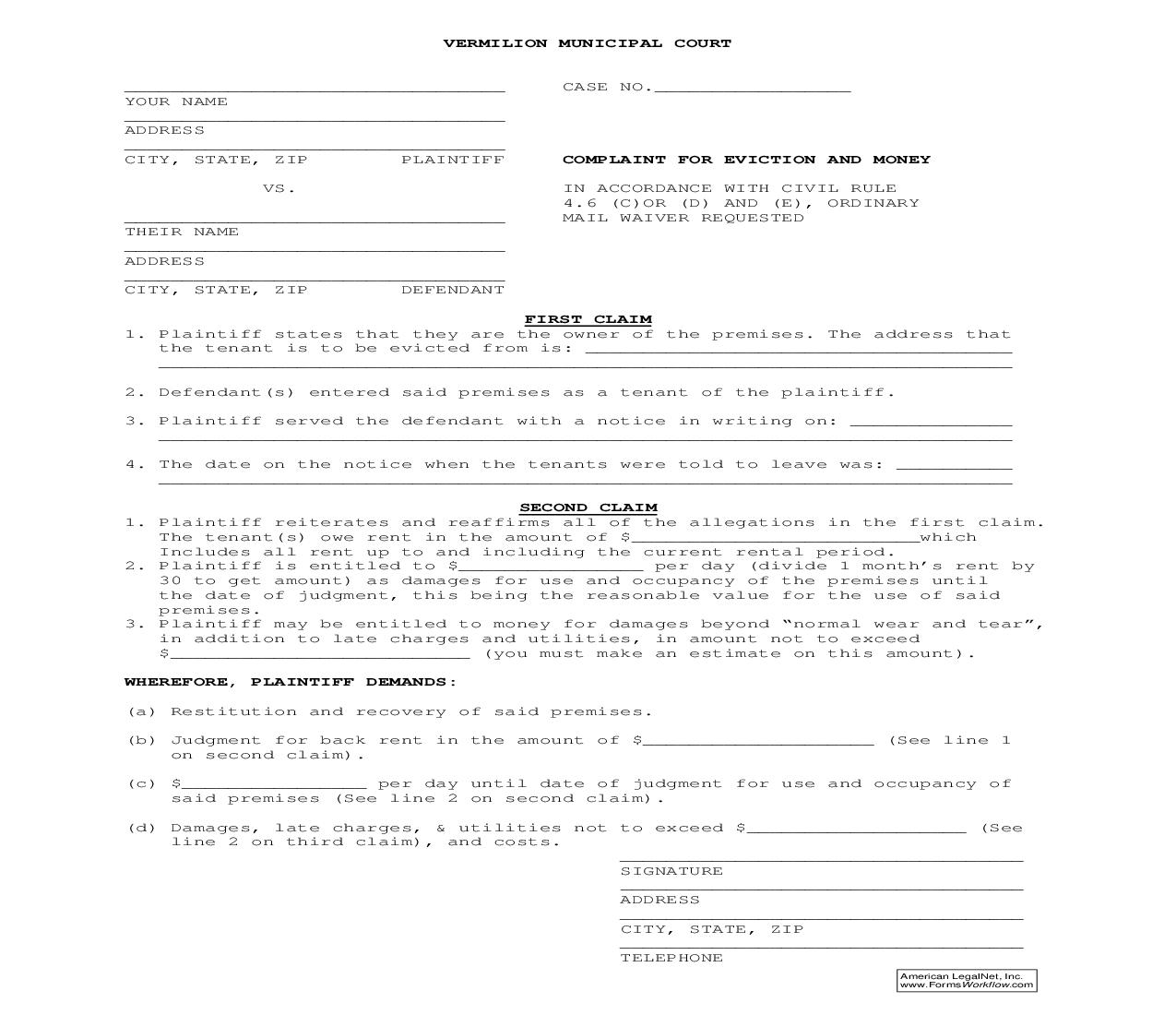 Complaint For Eviction And Money | Pdf Fpdf Doc Docx | Ohio