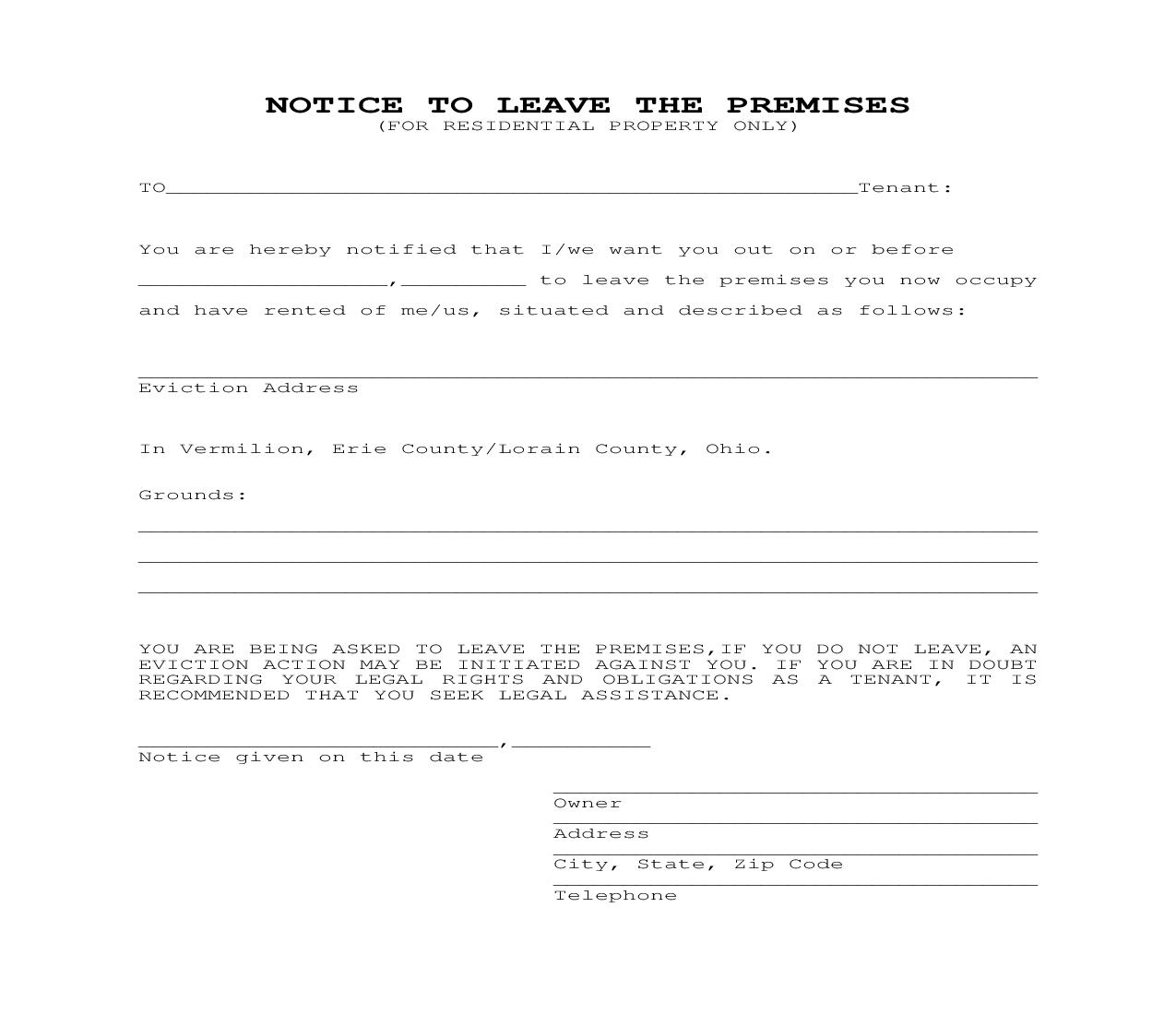 Notice To Leave The Premises | Pdf Fpdf Doc Docx | Ohio