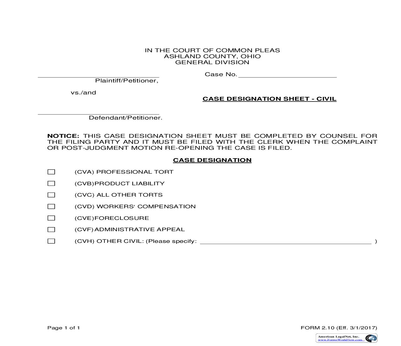Case Designation Sheet (Civil) {2.10} | Pdf Fpdf Doc Docx | Ohio