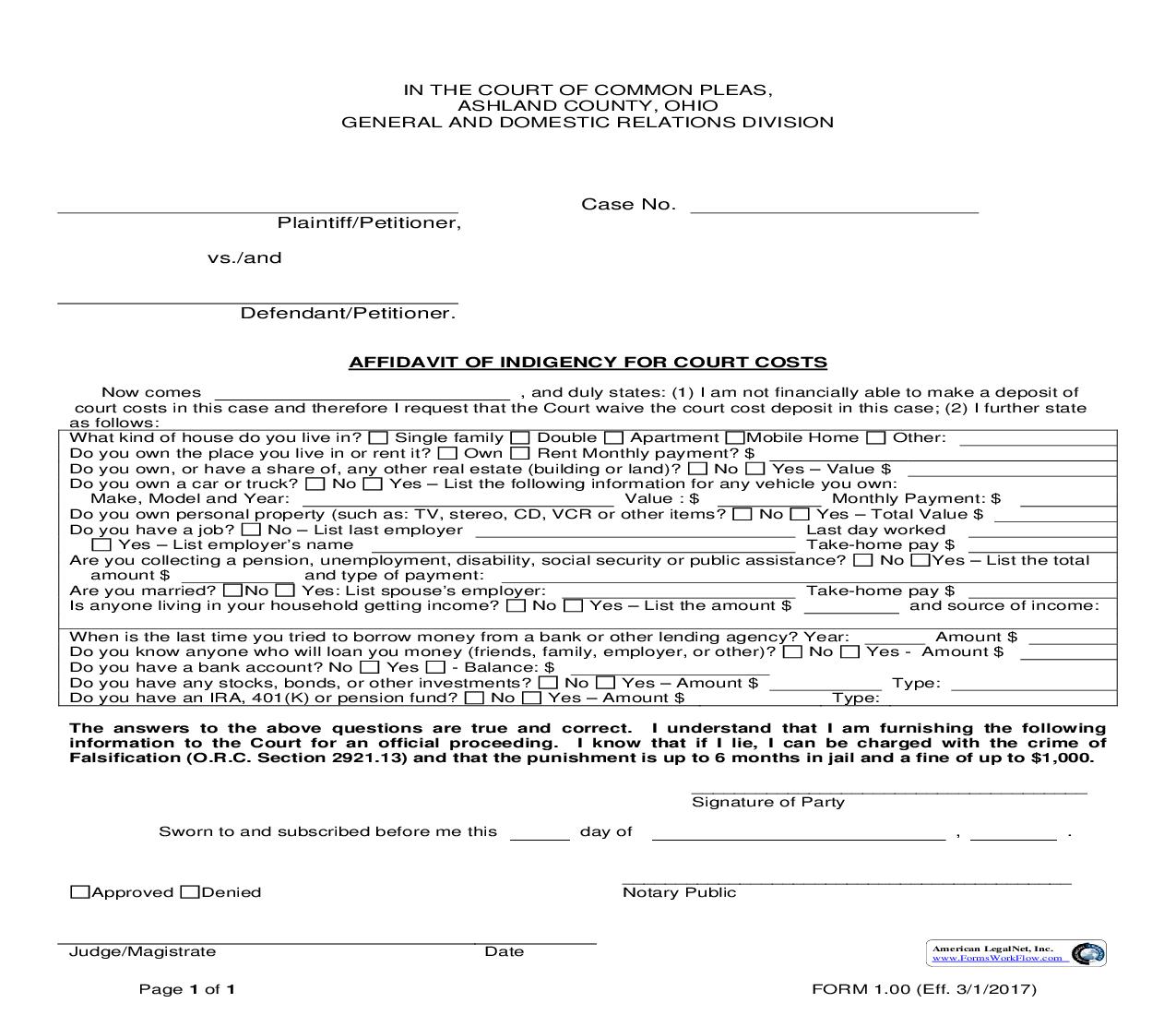 Affidavit Of Indigency For Court Costs {1.00} | Pdf Fpdf Doc Docx | Ohio