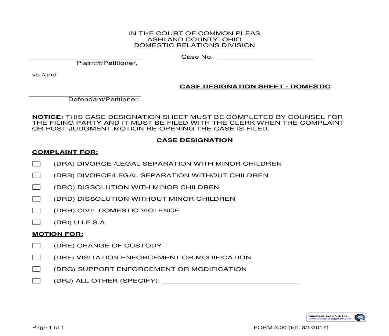 Case Designation Sheet {2.00} | Pdf Fpdf Doc Docx | Ohio