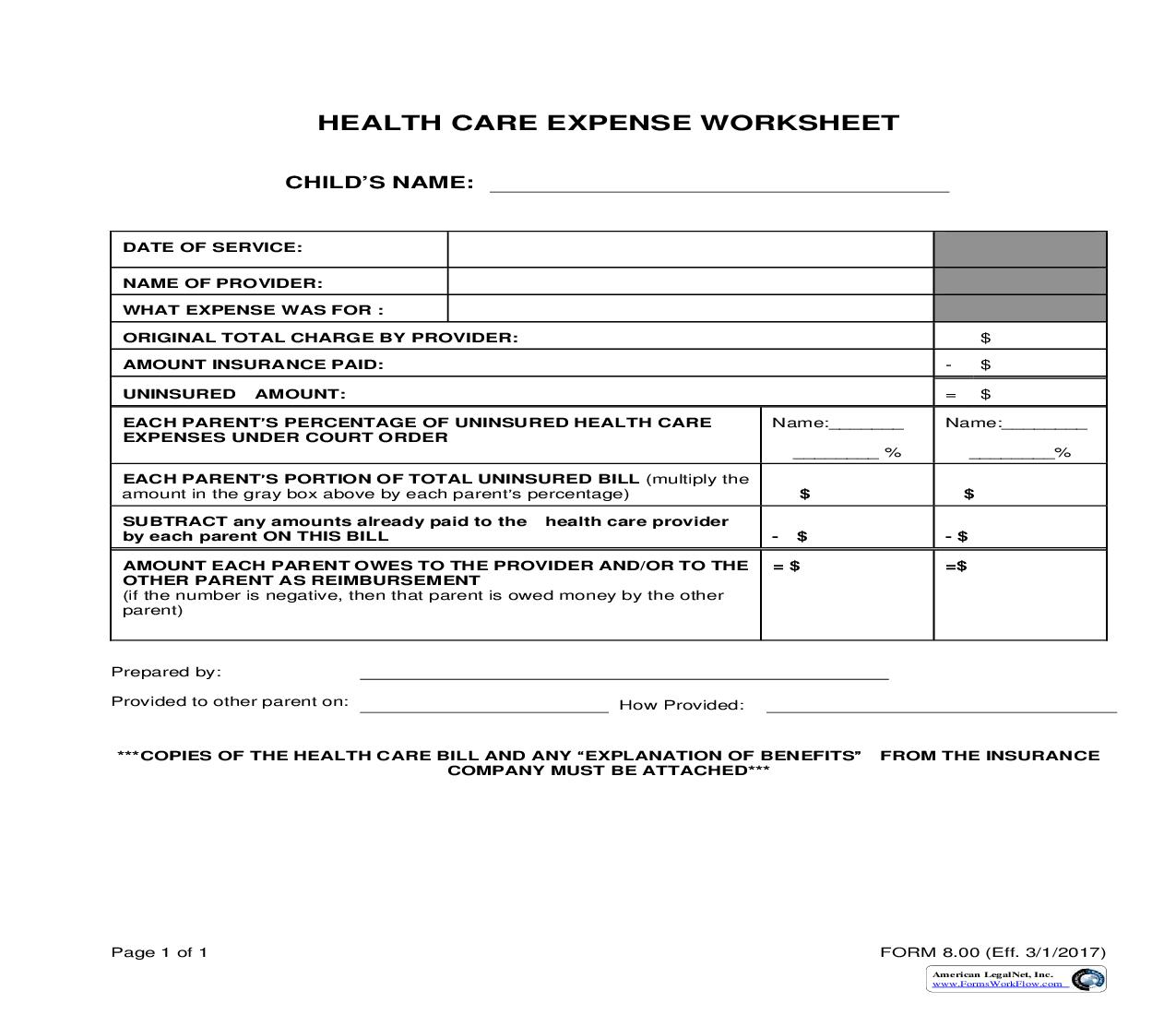 Health Care Expense Worksheet {8.00} | Pdf Fpdf Doc Docx | Ohio