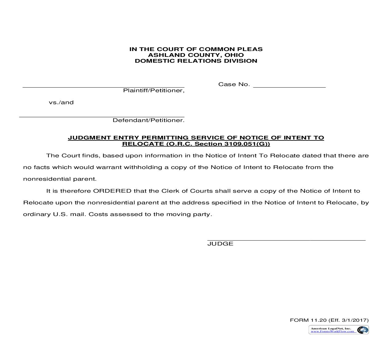 Judgment Entry Permitting Serive Of Notice Of Intent  To Relocate {11.20} | Pdf Fpdf Doc Docx | Ohio